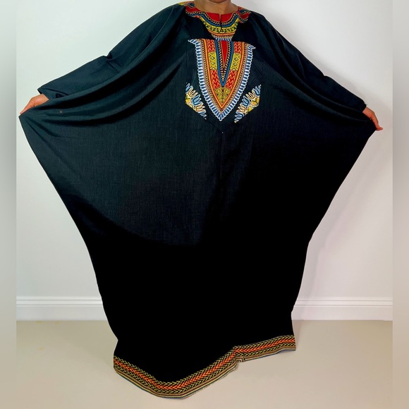African Print Ankara Black Dashiki Detail Maxi Poncho Kaftan Dress - Picture 1 of 8